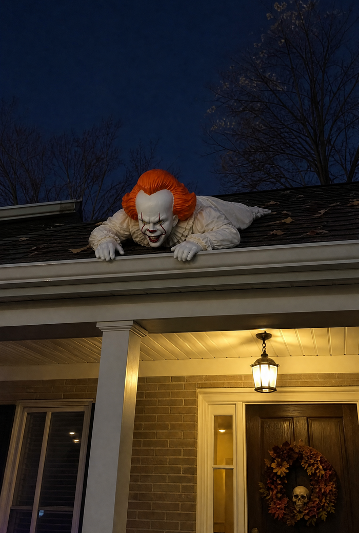 Creepy clown figure peering over a roof