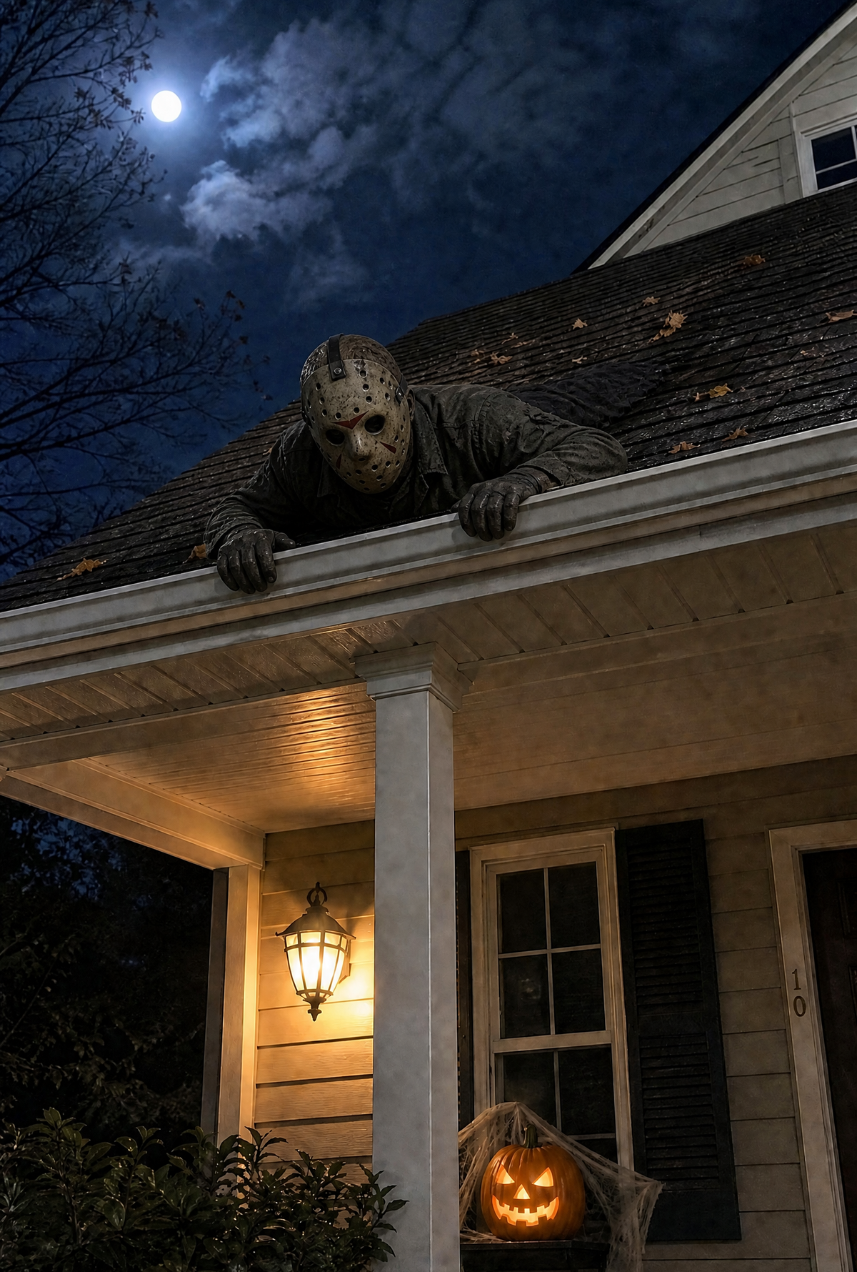 Masked horror figure peering over the roof edge