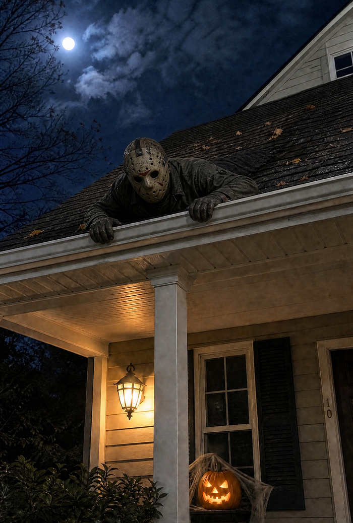 Weathered hockey mask horror figure on a roof