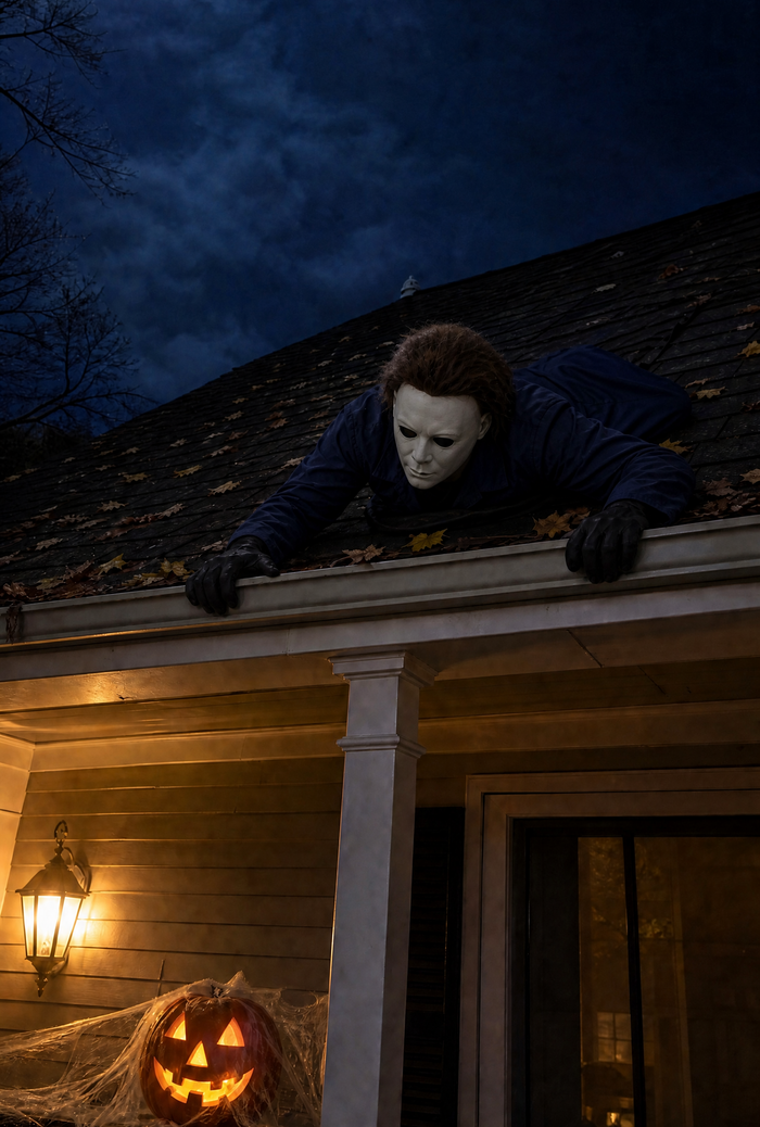 Pale mask horror character crawling on a roof