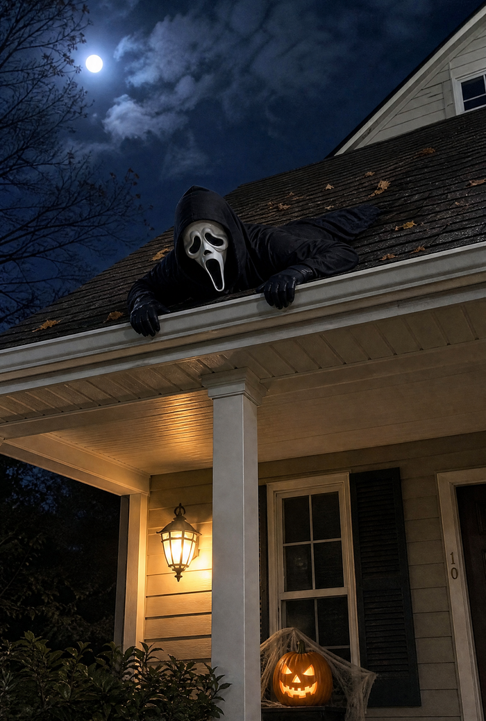 White mask horror character on a roof